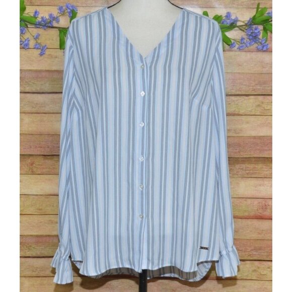 Tahari Ladies Blue Striped Button Front V-Neck Blouse XL Long Bell Sleeves Tunic - Picture 1 of 12